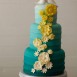 wedding cake, teal and yellow floral cake, flowers on wedding cake