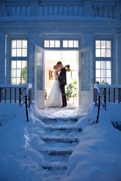 winter wedding photo of bride and groom