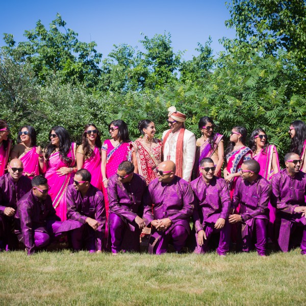 Indian bride and groom with their bridesmaids and groomsmens