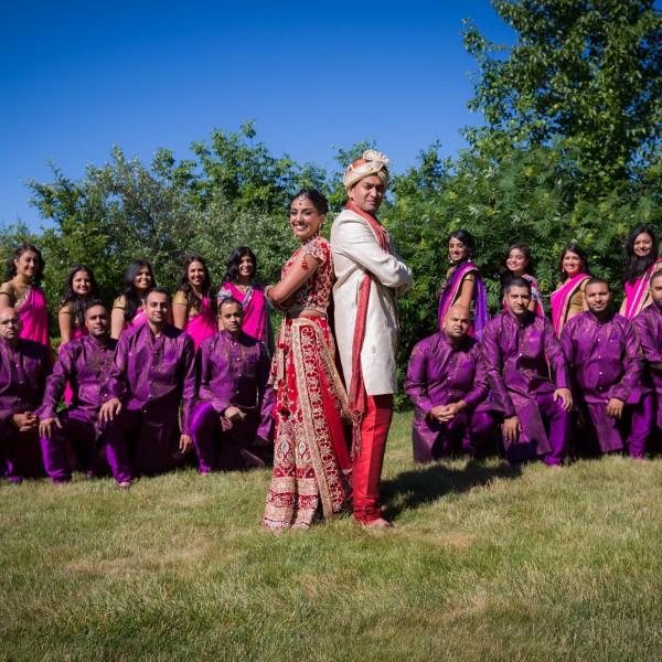 Indian bride and groom with their bridesmaids and groomsmens