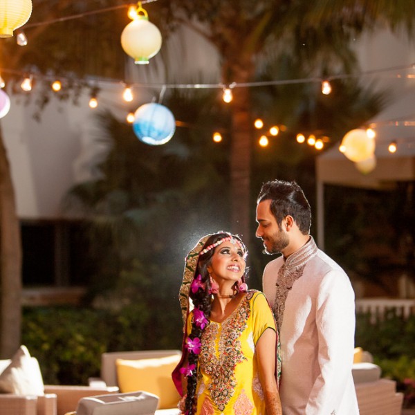 Pakistani bride and groom at mehendi night